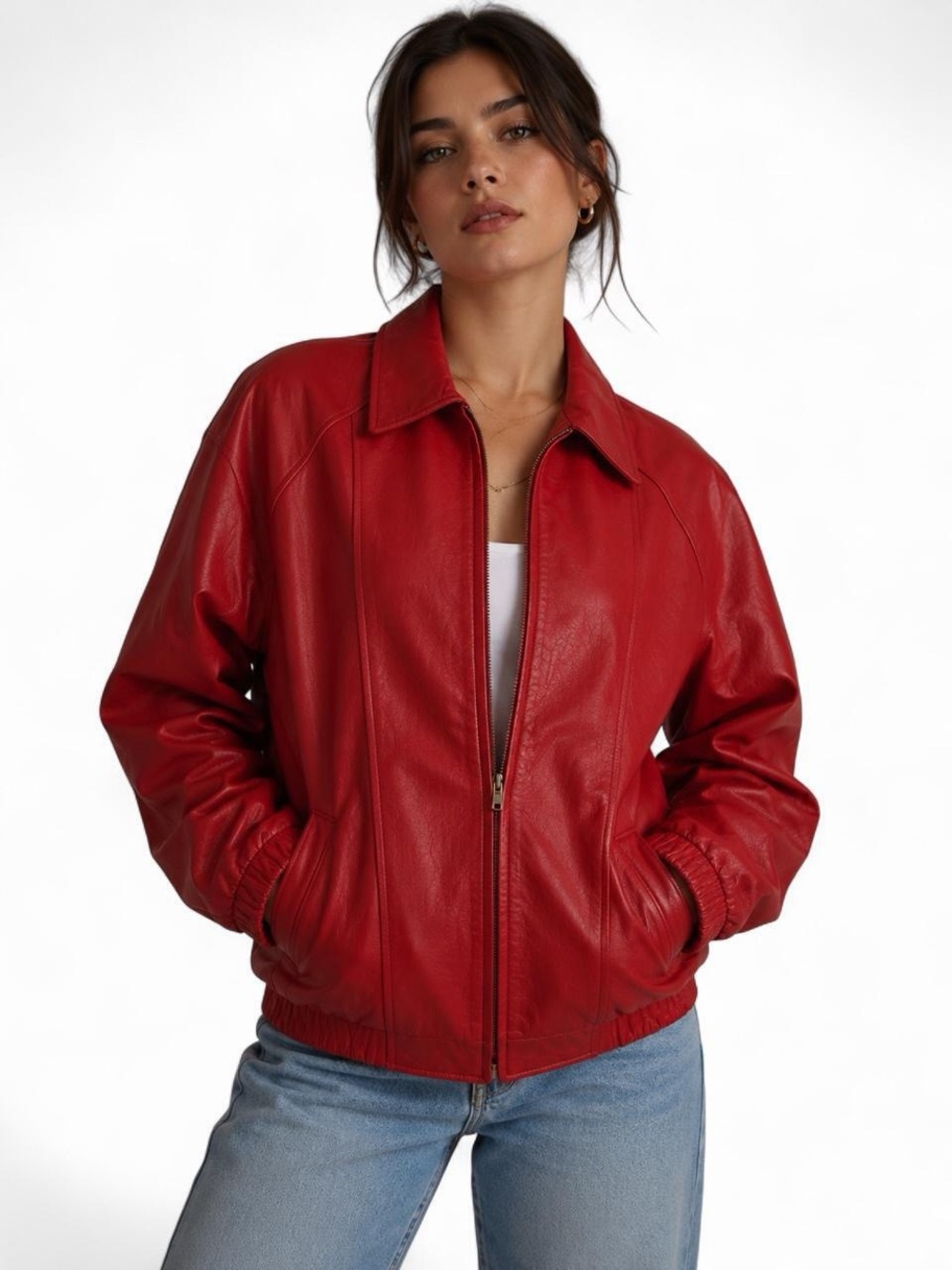 Vintage 90s Genuine Leather Oversized Bomber Jacket Tomato Red Women’s Large Zip